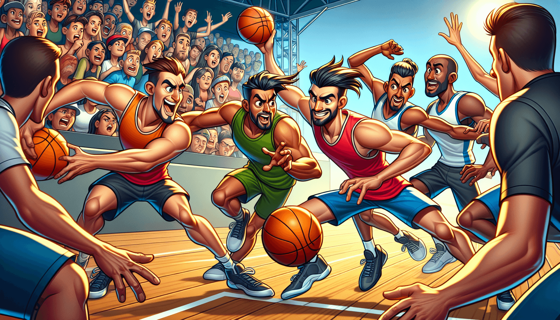 Cartoon style basketball game in action