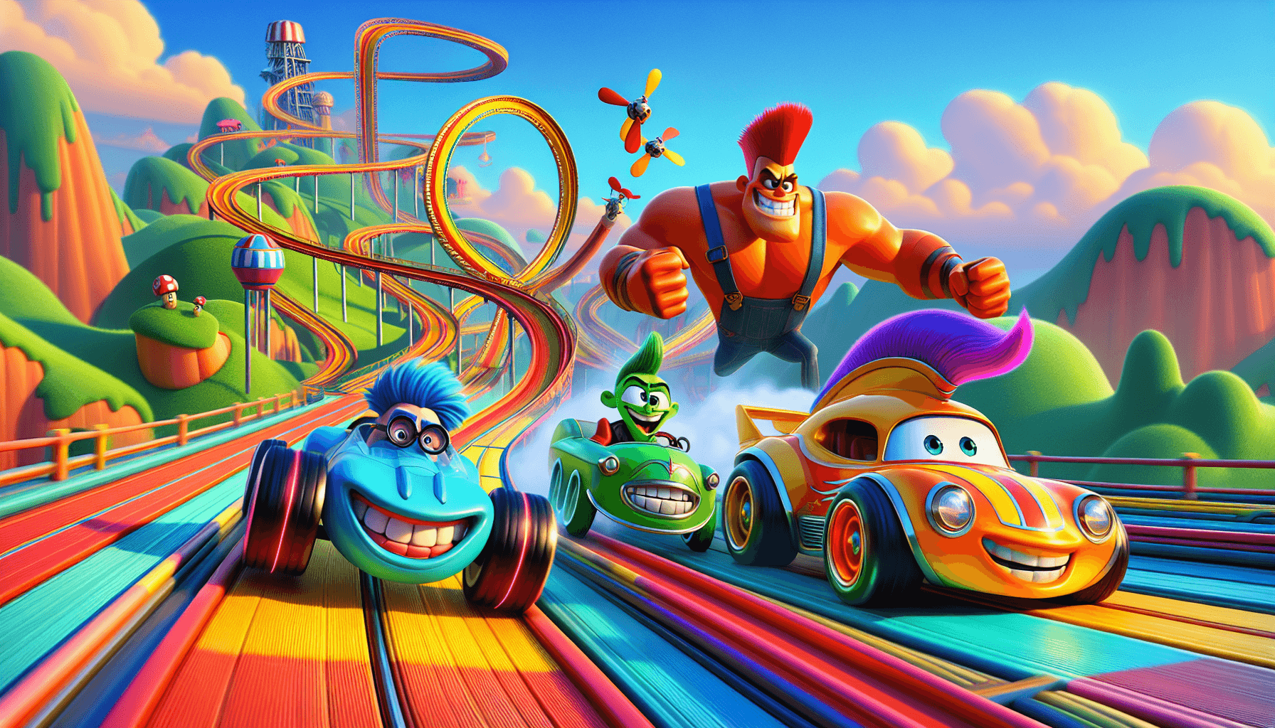 Cartoon characters racing on a vibrant track