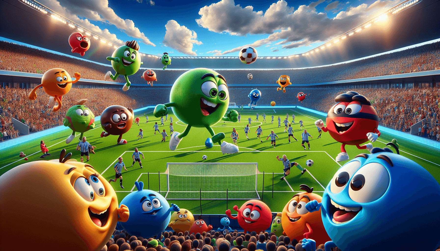 Cartoon characters engaged in a soccer match