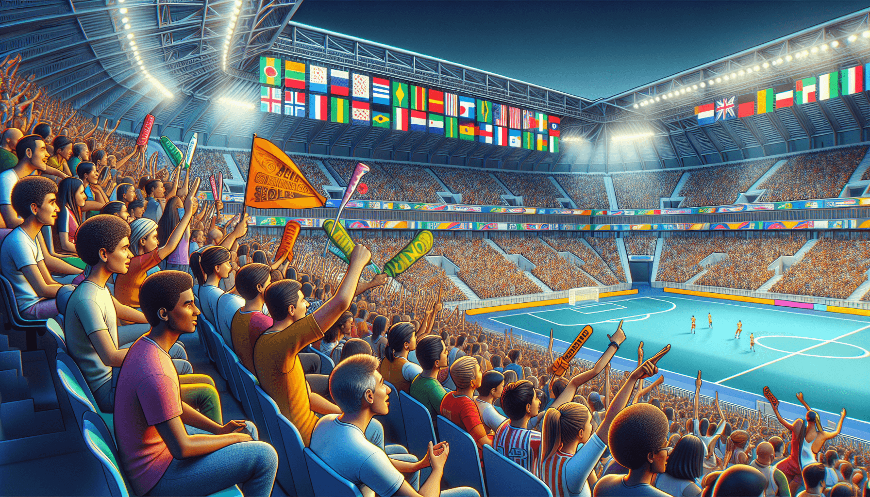 A vibrant sports arena filled with cheering fans